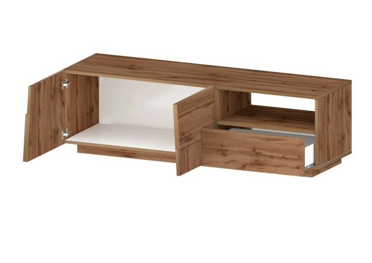 Mobile porta TV Velio, Credenza bassa da soggiorno con 2 ante e 1 cassetto, Base porta TV, 150x44h46 cm, Rovere