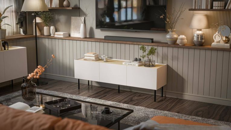 Mobile porta TV Vendas, Madia da salotto con tre ante battenti e tre vani interni, Rialzato da terra, 150x40 h52 cm, Beige e Rovere