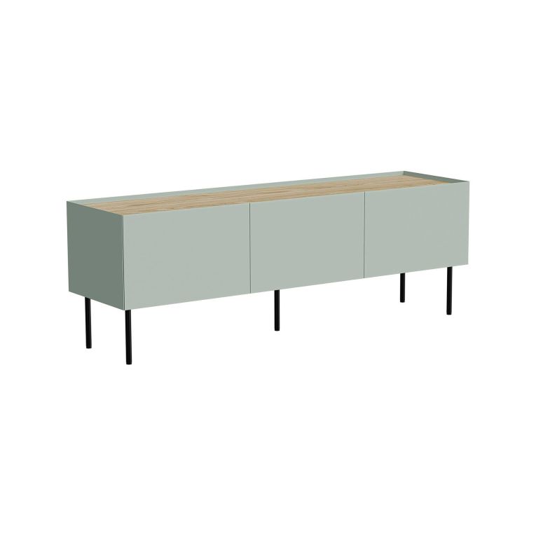 Mobile porta TV Vendas, Madia da salotto con tre ante battenti e tre vani interni, Rialzato da terra, 150x40 h52 cm, Verde e Rovere
