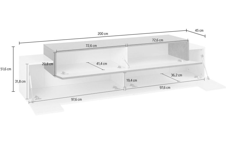 Mobile Porta tv Verde 3 Ripiani 4 Vani 200x45x51.5h cm, 3 Ante - Cassino