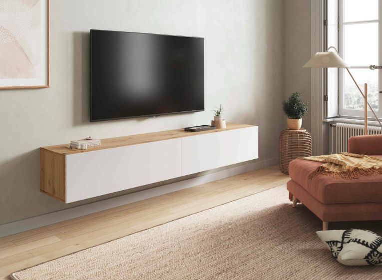 Mobile porta TV Vincennes, Porta TV a 2 ante, Mobile sospeso soggiorno, 180x35h28 cm, Rovere Nodi e Bianco lucido