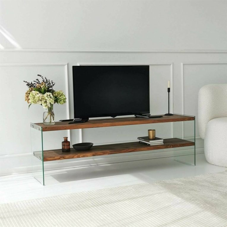 Mobile porta TV Vindemiatrix, Credenza da soggiorno, Armadio basso per TV, Base parete attrezzata, 140x35 h45 cm, Marrone e Trasparente