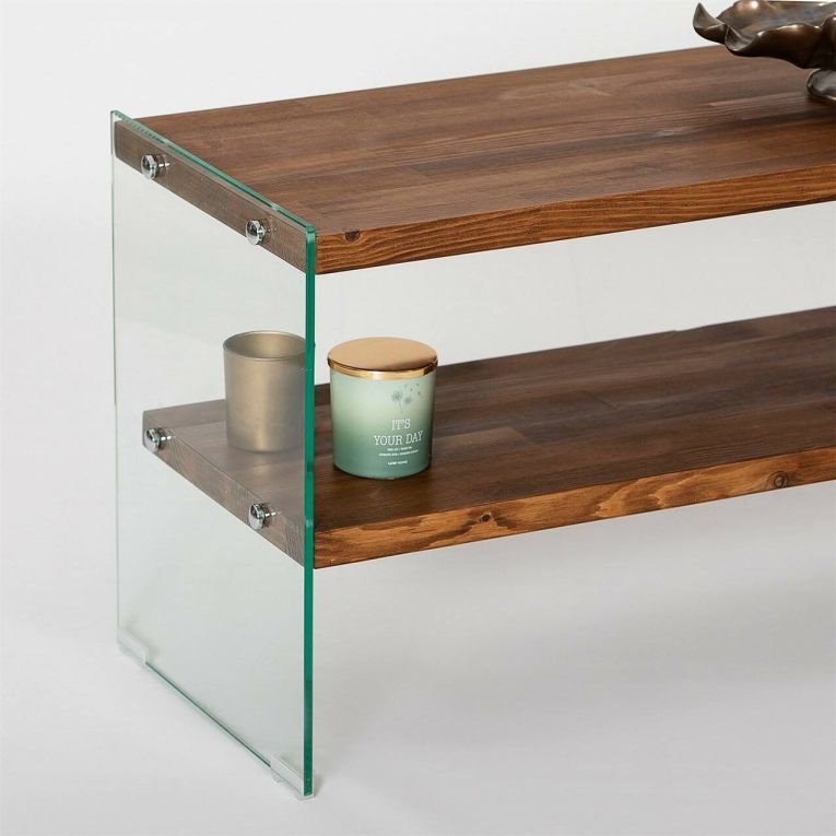 Mobile porta TV Vindemiatrix, Credenza da soggiorno, Armadio basso per TV, Base parete attrezzata, 140x35 h45 cm, Marrone e Trasparente