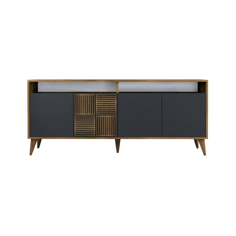 Mobile porta TV Virgo, Credenza da soggiorno, Armadio basso per TV, Base parete attrezzata, 180x35 h79 cm, Noce e Antracite