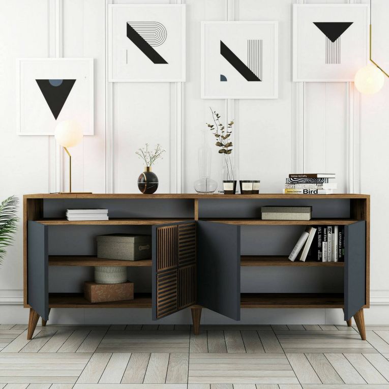 Mobile porta TV Virgo, Credenza da soggiorno, Armadio basso per TV, Base parete attrezzata, 180x35 h79 cm, Noce e Antracite