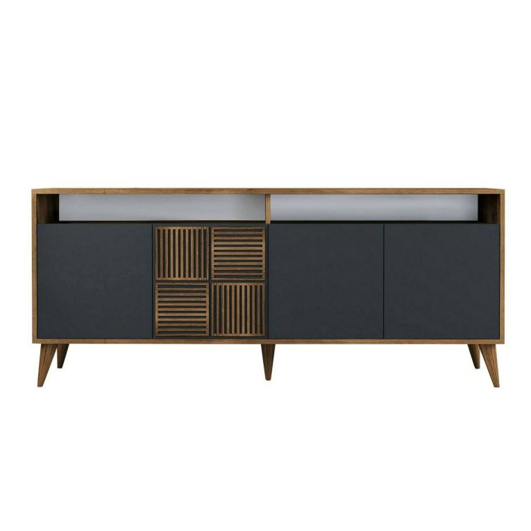 Mobile porta TV Virgo, Credenza da soggiorno, Armadio basso per TV, Base parete attrezzata, 180x35 h79 cm, Noce e Antracite