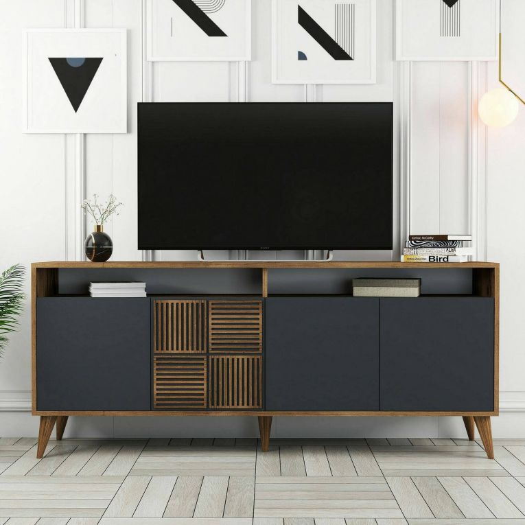 Mobile porta TV Virgo, Credenza da soggiorno, Armadio basso per TV, Base parete attrezzata, 180x35 h79 cm, Noce e Antracite