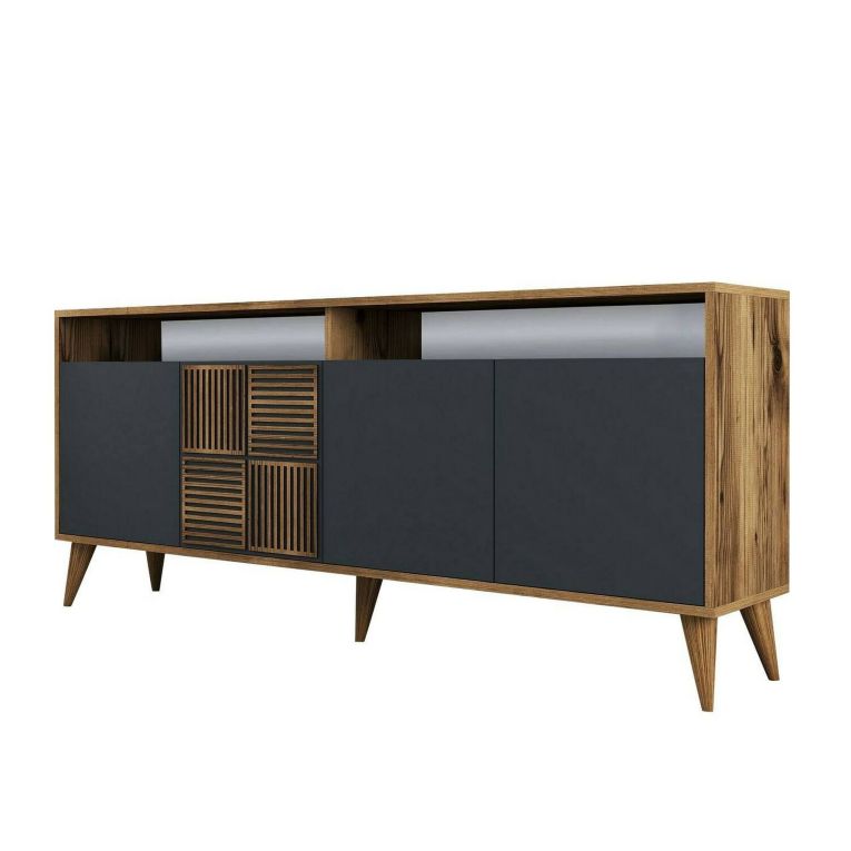 Mobile porta TV Virgo, Credenza da soggiorno, Armadio basso per TV, Base parete attrezzata, 180x35 h79 cm, Noce e Antracite
