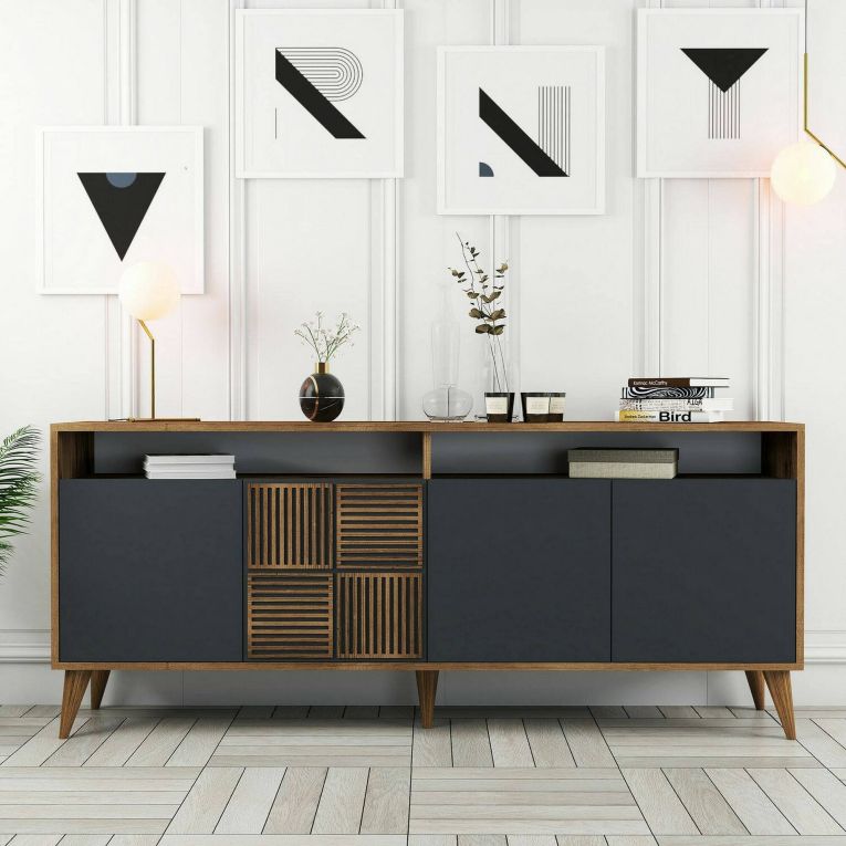 Mobile porta TV Virgo, Credenza da soggiorno, Armadio basso per TV, Base parete attrezzata, 180x35 h79 cm, Noce e Antracite