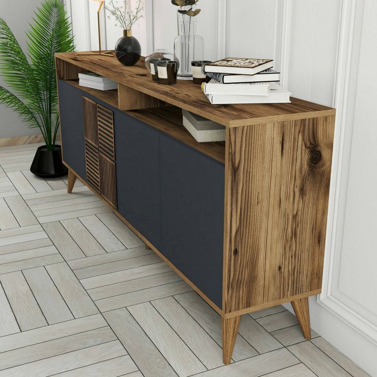 Mobile porta TV Virgo, Credenza da soggiorno, Armadio basso per TV, Base parete attrezzata, 180x35 h79 cm, Noce e Antracite
