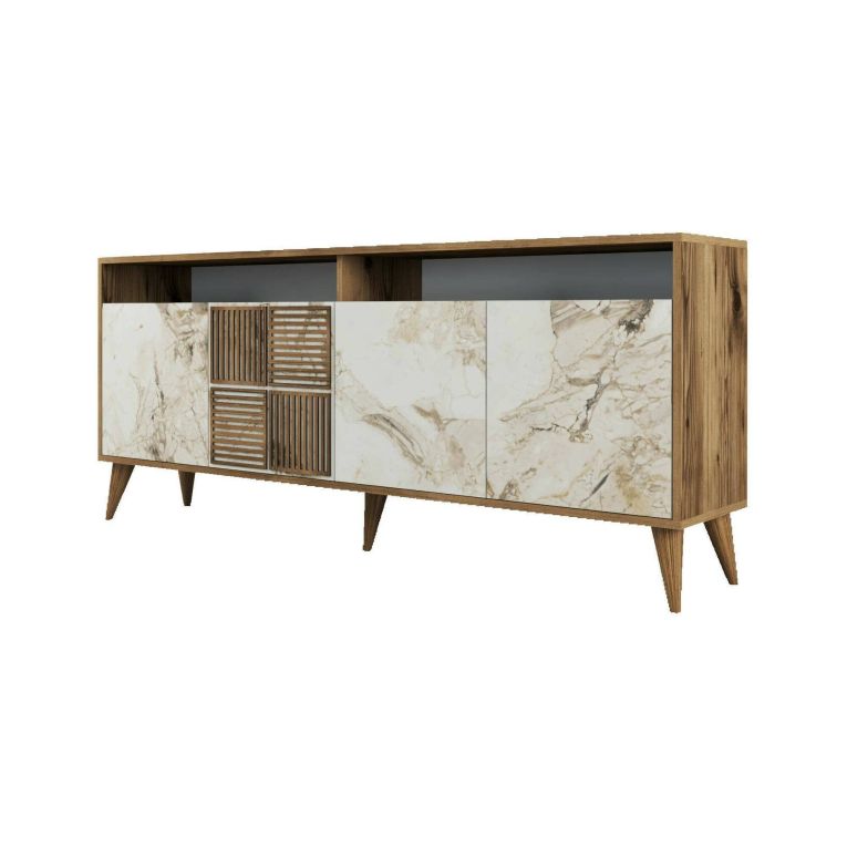 Mobile porta TV Virgo, Credenza da soggiorno, Armadio basso per TV, Base parete attrezzata, 180x35 h79 cm, Noce e Bianco Marmo