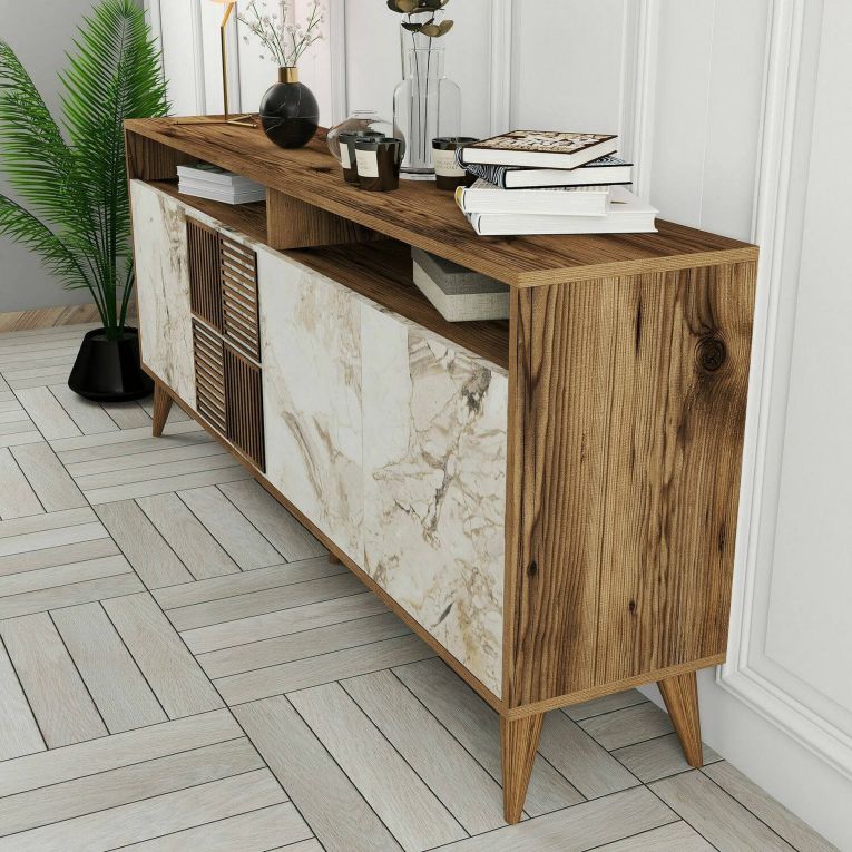 Mobile porta TV Virgo, Credenza da soggiorno, Armadio basso per TV, Base parete attrezzata, 180x35 h79 cm, Noce e Bianco Marmo