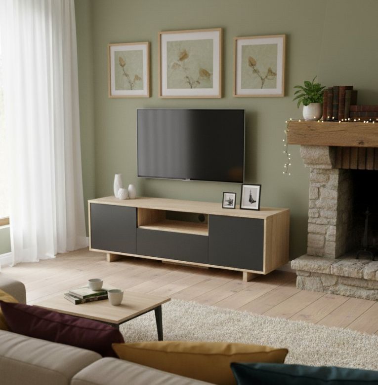 Mobile porta TV Visalia, Credenza per televisione da soggiorno, Supporto TV a 3 ante, Credenza bassa, 150x41h46 cm, Rovere