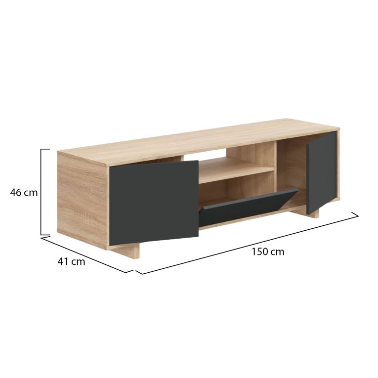 Mobile porta TV Visalia, Credenza per televisione da soggiorno, Supporto TV a 3 ante, Credenza bassa, 150x41h46 cm, Rovere