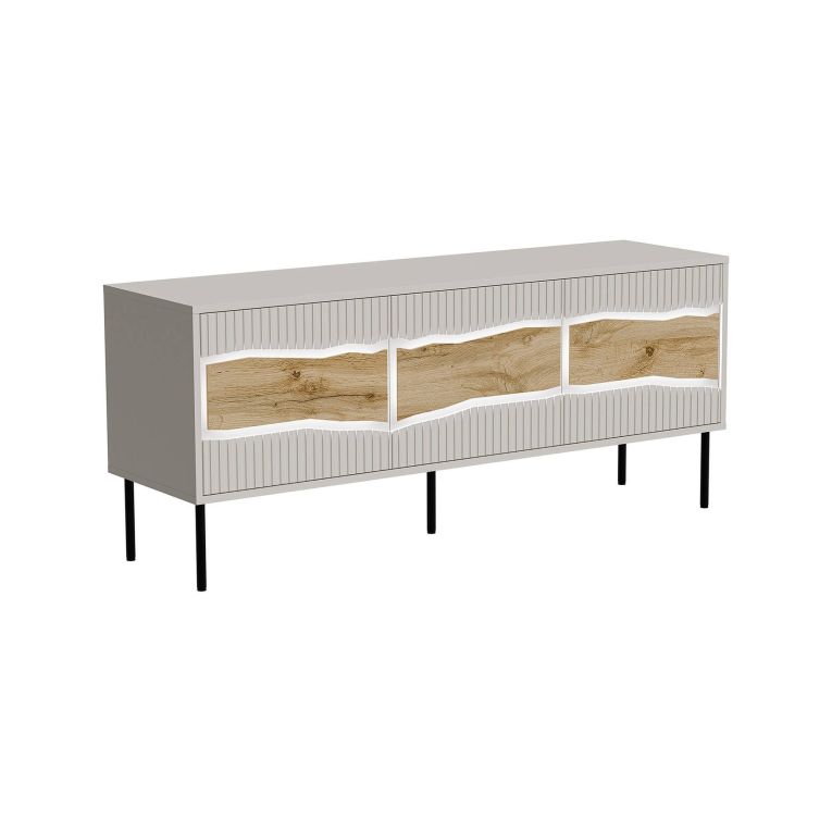 Mobile porta TV Vizela, Madia da salotto con ante battenti e vani interni, Con luci led, Rialzato da terra, 144x40 h62 cm, Beige e Rovere Nodi