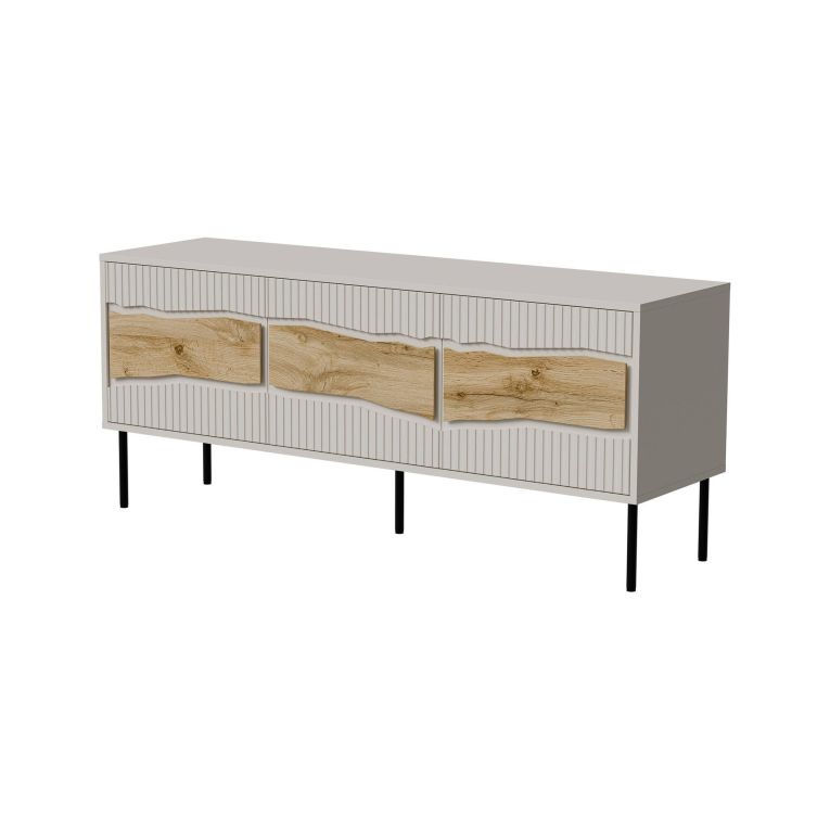 Mobile porta TV Vizela, Madia da salotto con ante battenti e vani interni, Con luci led, Rialzato da terra, 144x40 h62 cm, Beige e Rovere Nodi