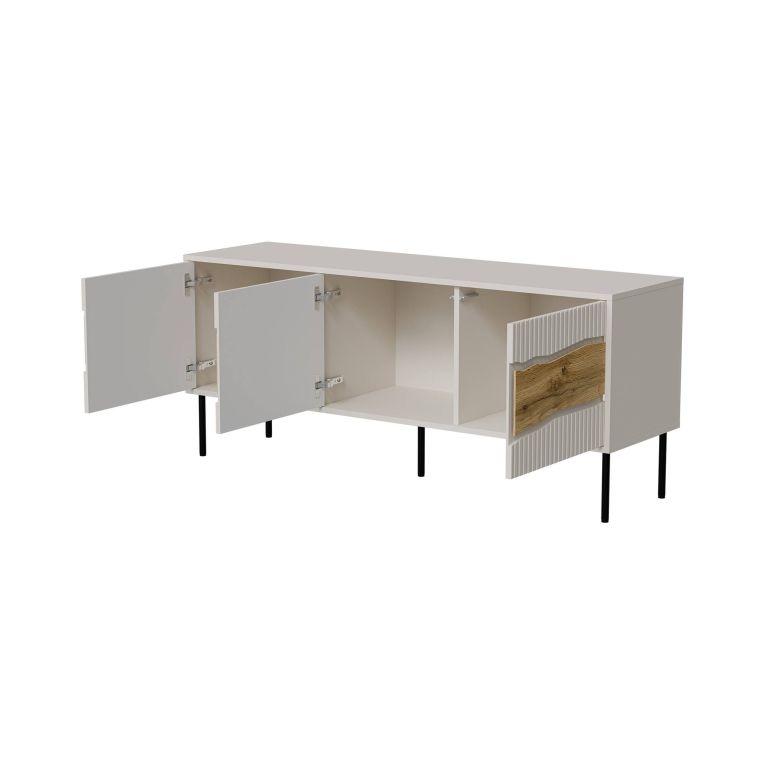 Mobile porta TV Vizela, Madia da salotto con ante battenti e vani interni, Con luci led, Rialzato da terra, 144x40 h62 cm, Beige e Rovere Nodi