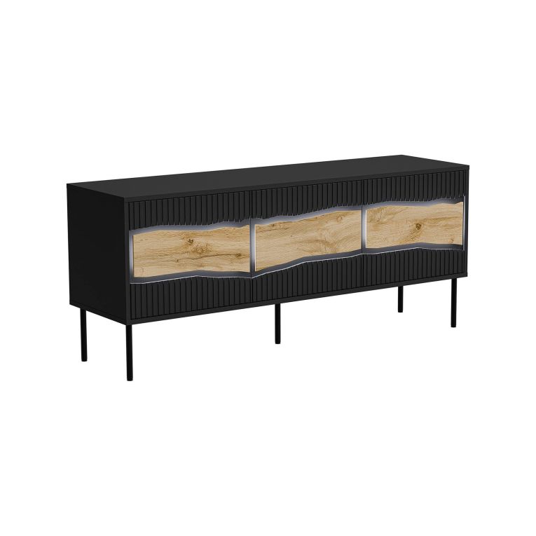 Mobile porta TV Vizela, Madia da salotto con tre ante battenti e tre vani interni, Con luci led, Rialzato da terra, 144x40 h62 cm, Nero e Rovere Nodi