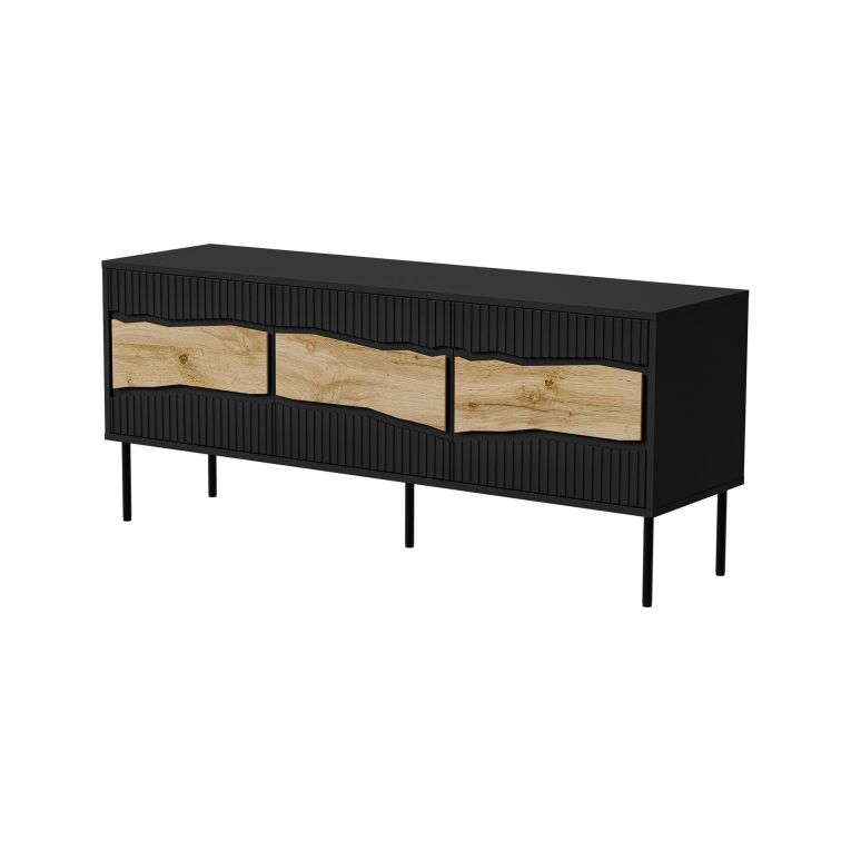 Mobile porta TV Vizela, Madia da salotto con tre ante battenti e tre vani interni, Con luci led, Rialzato da terra, 144x40 h62 cm, Nero e Rovere Nodi