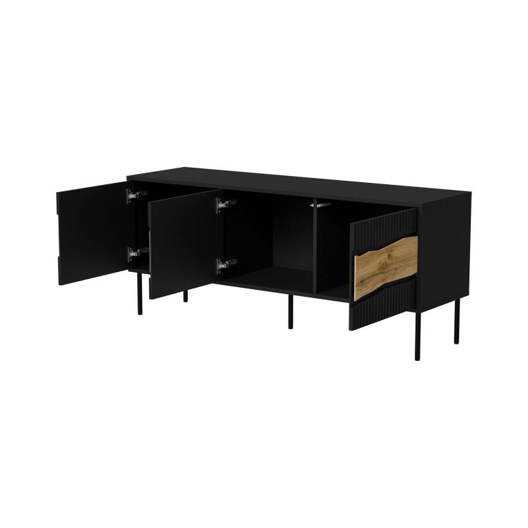 Mobile porta TV Vizela, Madia da salotto con tre ante battenti e tre vani interni, Con luci led, Rialzato da terra, 144x40 h62 cm, Nero e Rovere Nodi