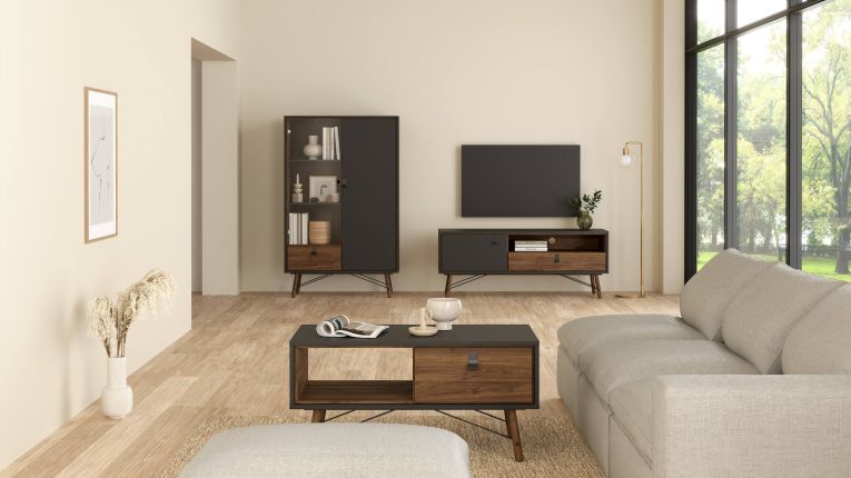Mobile porta TV Yvette, Credenza da soggiorno, Armadio basso per TV, Base parete attrezzata, 40x150 h60 cm, Nero e Noce