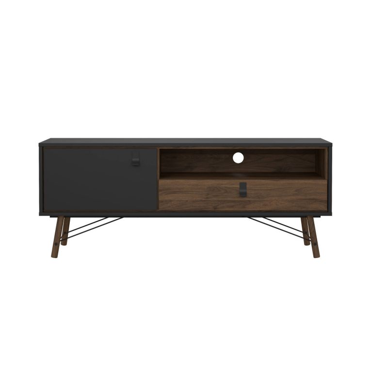 Mobile porta TV Yvette, Credenza da soggiorno, Armadio basso per TV, Base parete attrezzata, 40x150 h60 cm, Nero e Noce
