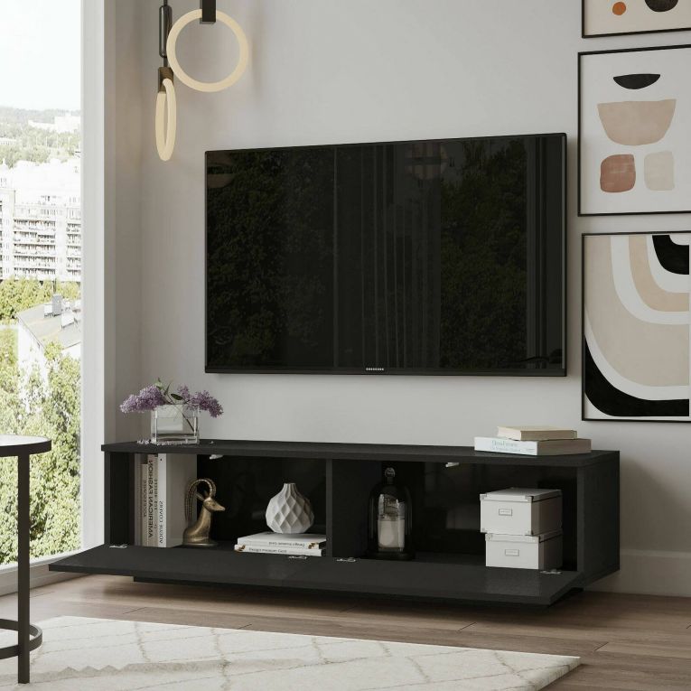Mobile porta TV Zaur, Supporto per televisione da salotto, Credenza bassa da soggiorno, Base porta TV, 140x36h38 cm, Nero