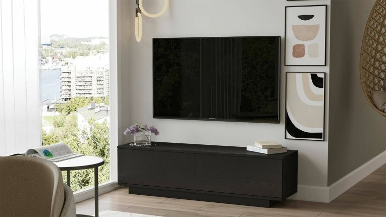Mobile porta TV Zaur, Supporto per televisione da salotto, Credenza bassa da soggiorno, Base porta TV, 140x36h38 cm, Nero