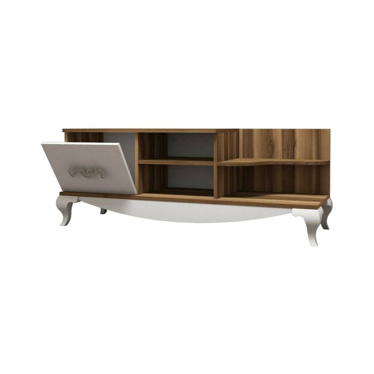 Mobile porta TV Zeta, Supporto per televisione da salotto, Credenza bassa da soggiorno, Base porta TV, 130x45h51 cm, Noce e Bianco