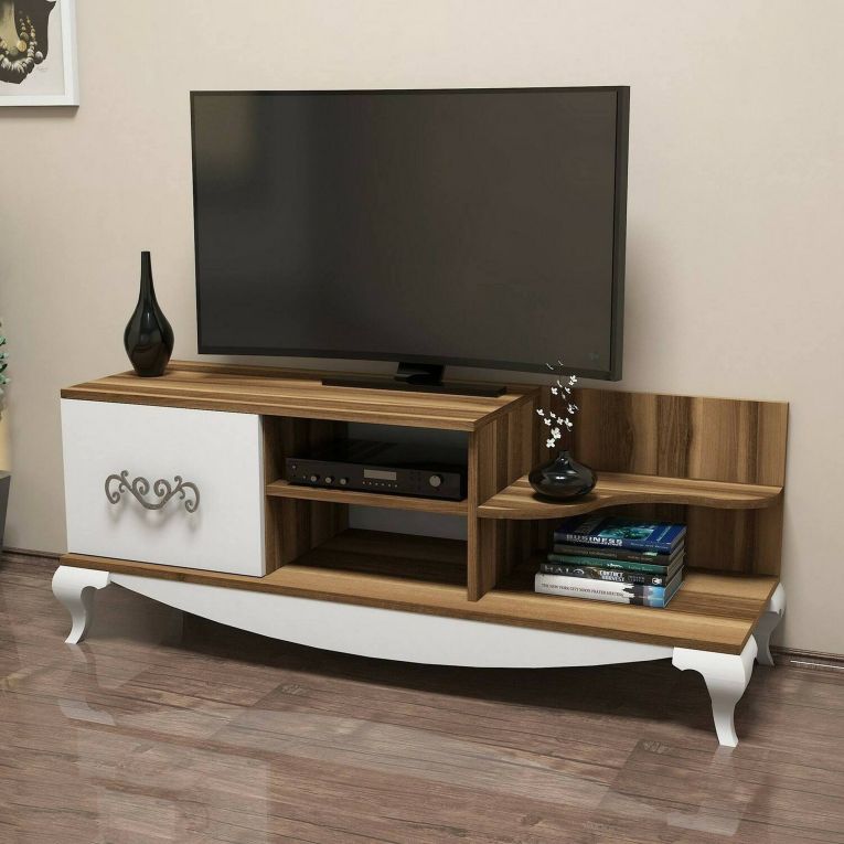 Mobile porta TV Zeta, Supporto per televisione da salotto, Credenza bassa da soggiorno, Base porta TV, 130x45h51 cm, Noce e Bianco