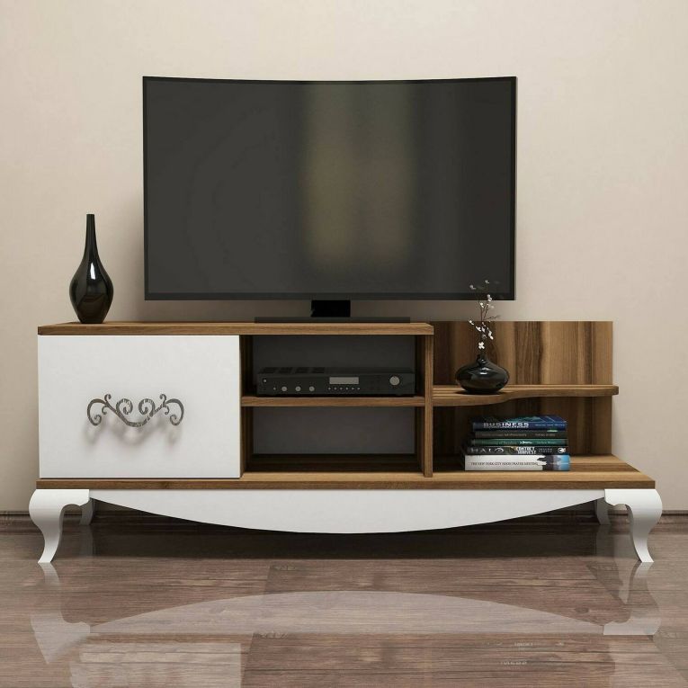 Mobile porta TV Zeta, Supporto per televisione da salotto, Credenza bassa da soggiorno, Base porta TV, 130x45h51 cm, Noce e Bianco