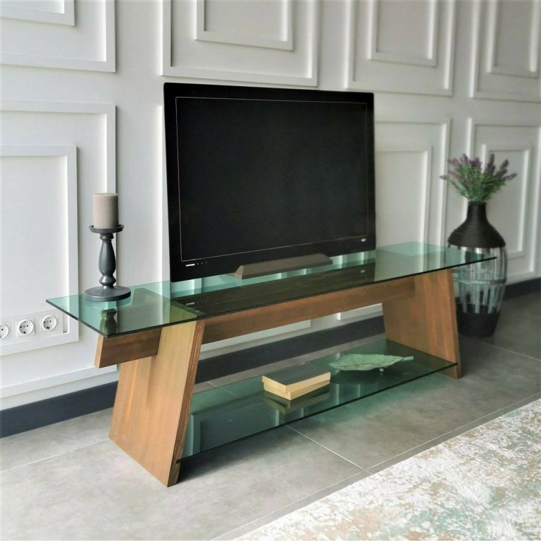 Mobile porta TV Zosma, Supporto per televisione da salotto, Credenza bassa da soggiorno, Base porta TV, 158x40h45 cm, Noce e Verde