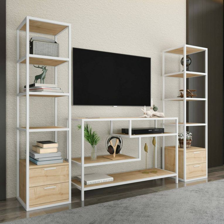 Mobile salotto 12 ripiani 198cm bianco e rovere - Felion