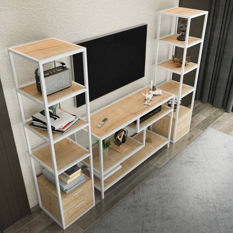 Mobile salotto 12 ripiani 198cm bianco e rovere - Felion