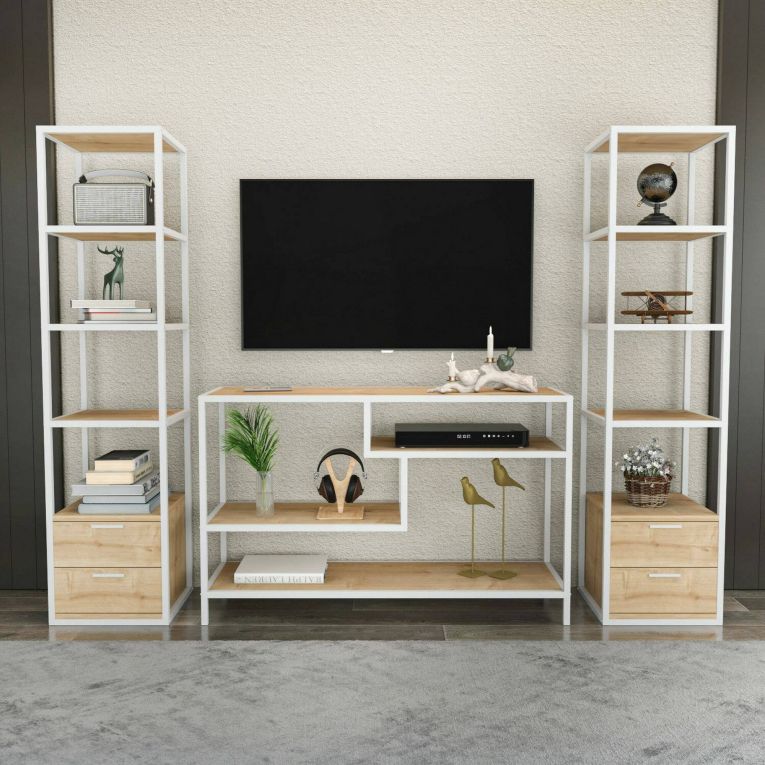 Mobile salotto 12 ripiani 198cm bianco e rovere - Felion