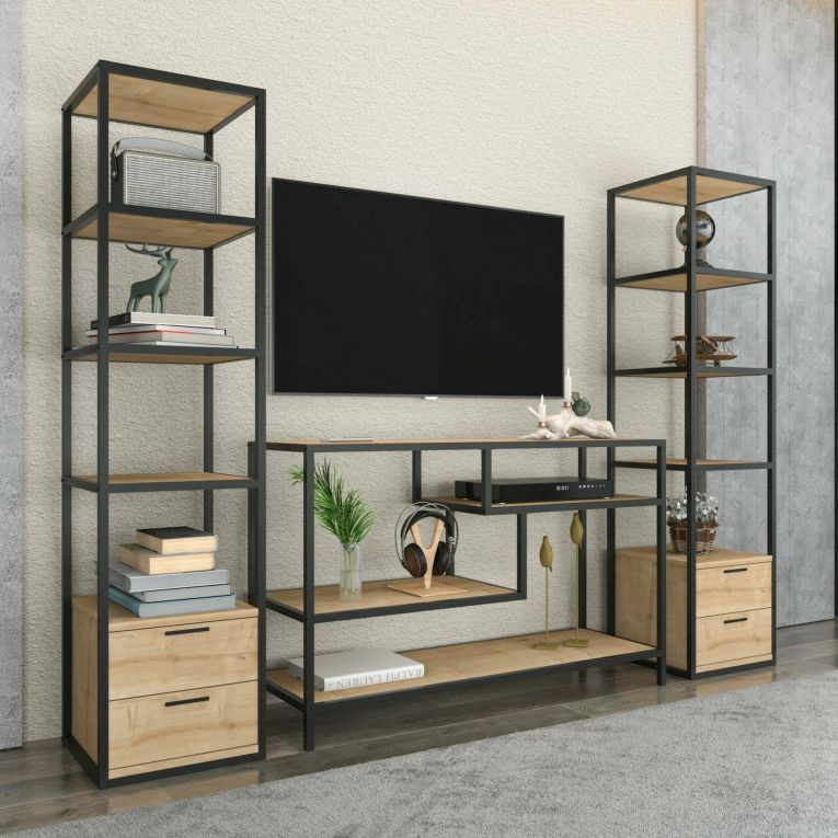 Mobile salotto 12 ripiani 198cm nero e quercia - Felion