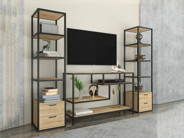 Mobile salotto 12 ripiani 198cm nero e quercia - Felion