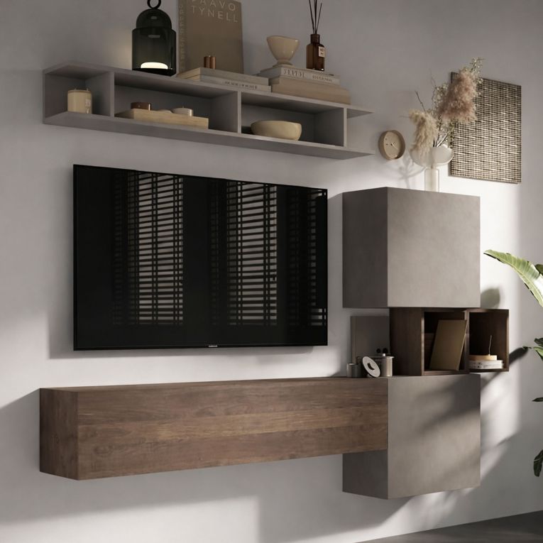 Mobile salotto 3 ripiani 215cm noce e grigio - Goni