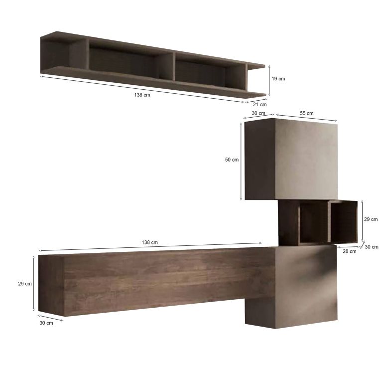 Mobile salotto 3 ripiani 215cm noce e grigio - Goni