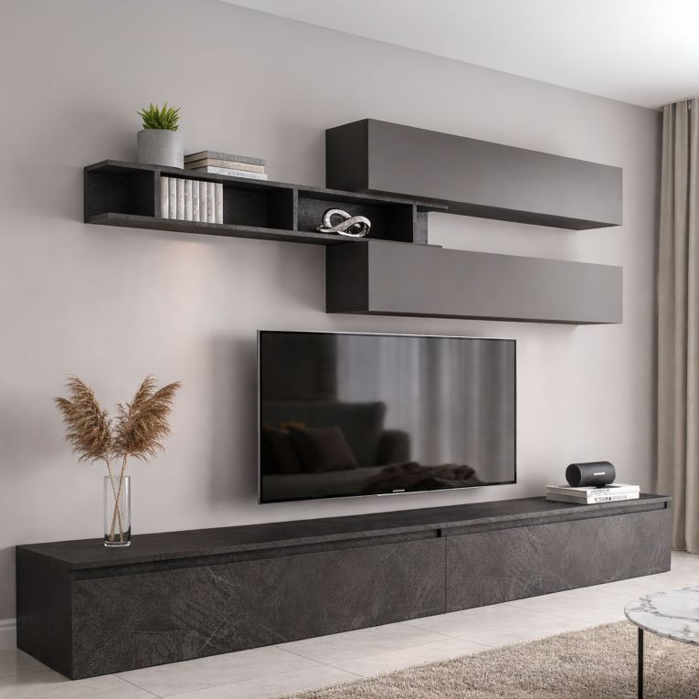 Mobile salotto 6 ripiani 276cm ardesia e grigio scuro - Gilma