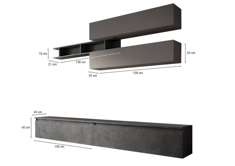 Mobile salotto 6 ripiani 276cm ardesia e grigio scuro - Gilma