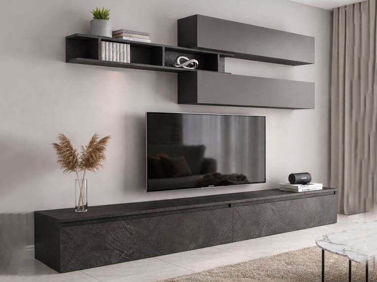 Mobile salotto 6 ripiani 276cm ardesia e grigio scuro - Gilma
