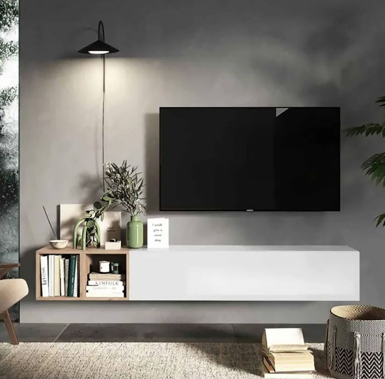 Mobile salotto in legno e metallo 194cm bianco lucido e rovere - Koguma