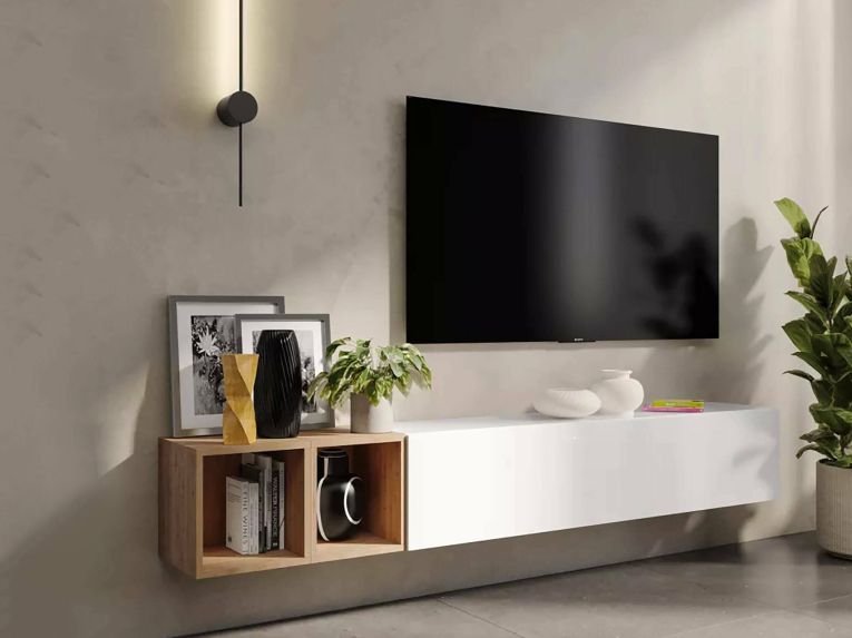 Mobile salotto in legno e metallo 194cm bianco lucido e rovere - Koguma