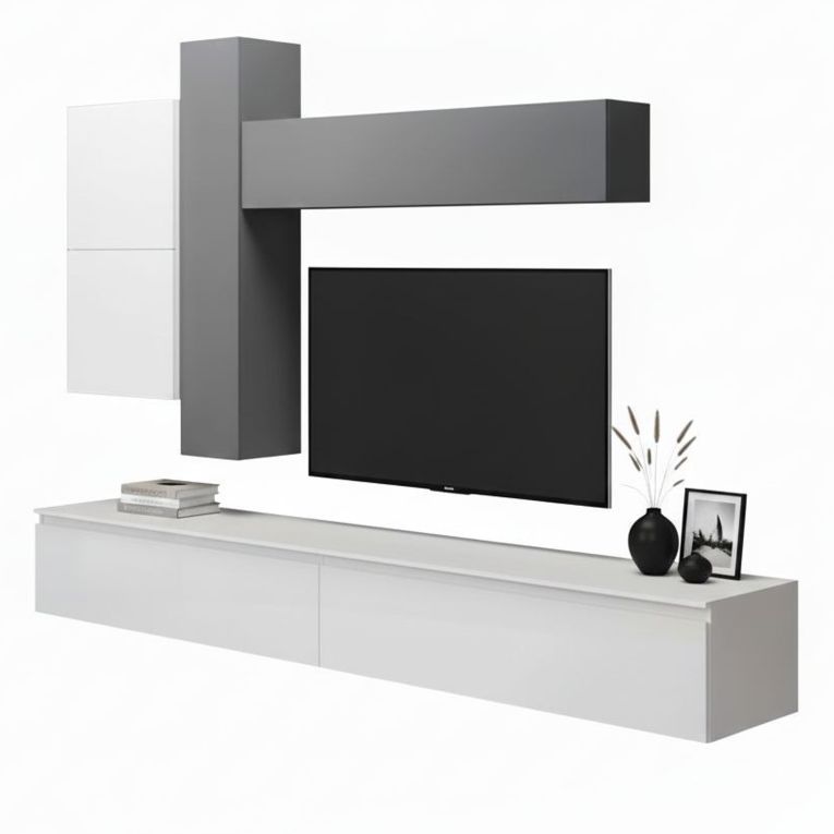 Mobile salotto in legno e metallo 276cm bianco lucido e ardesia - Anemolo