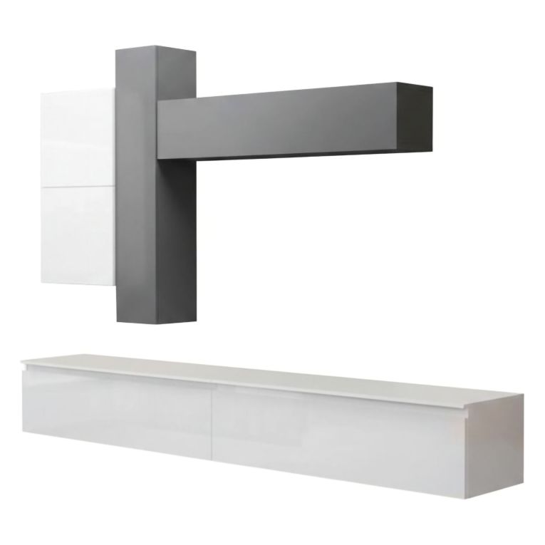 Mobile salotto in legno e metallo 276cm bianco lucido e ardesia - Anemolo