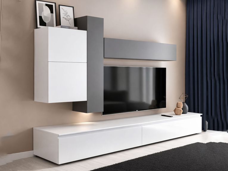 Mobile salotto in legno e metallo 276cm bianco lucido e ardesia - Anemolo