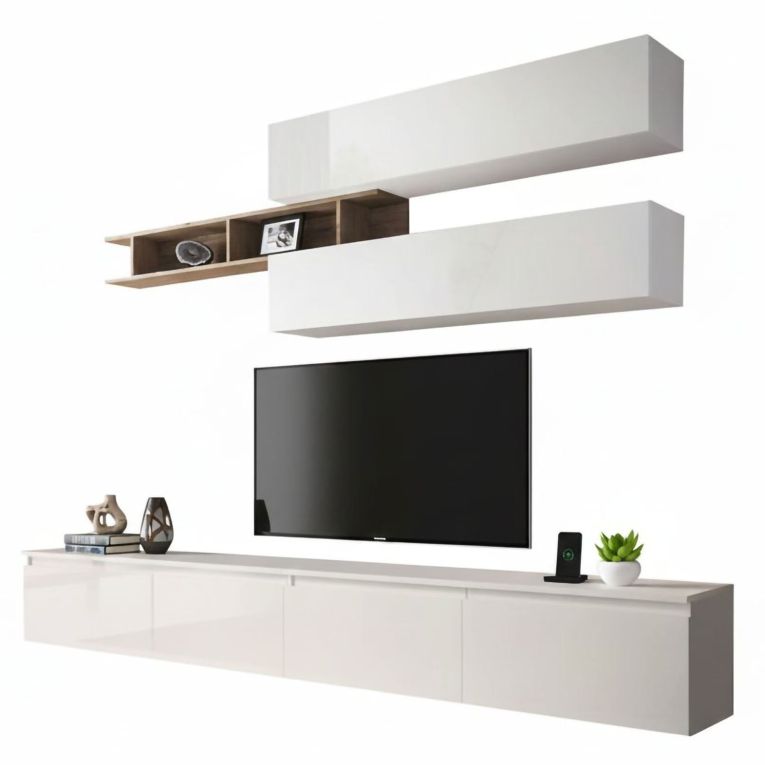 Mobile salotto moderno 276cm bianco lucido e rovere - Gilma