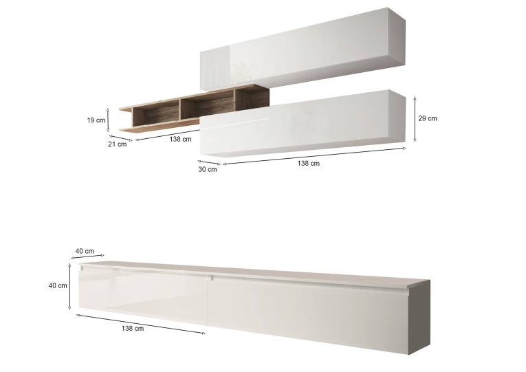 Mobile salotto moderno 276cm bianco lucido e rovere - Gilma