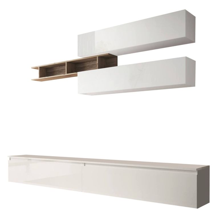 Mobile salotto moderno 276cm bianco lucido e rovere - Gilma